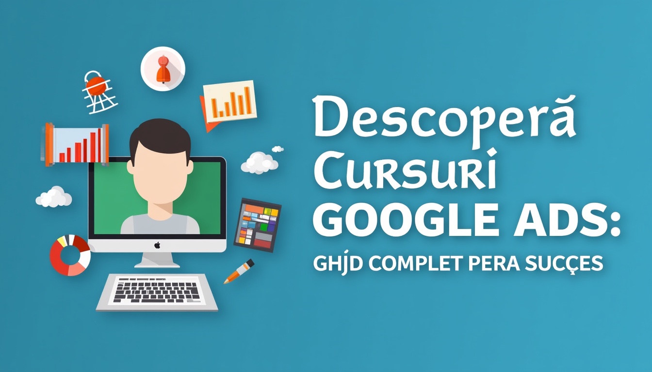 Imagine ilustrând cursuri Google Ads și succes în marketing digital, cu grafice și un laptop